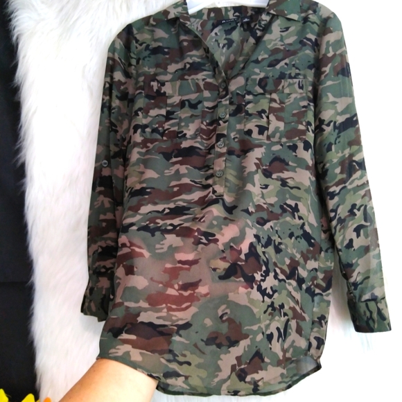 A New Approach Green Camouflage Long Sleeve Front Button Sheer Shirt Size PS - Picture 5 of 10